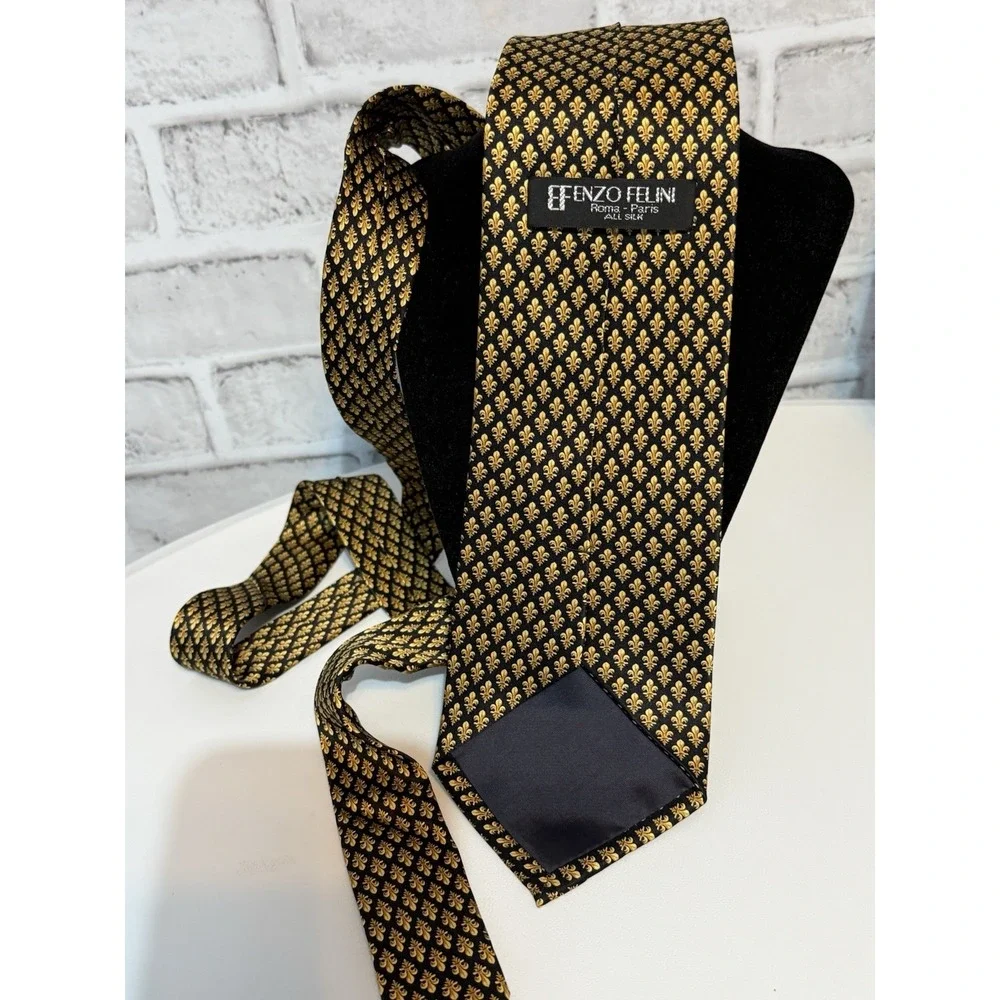 Enzo Felini All Silk Necktie Black Gold Fleur-de-Lis Made in France Vintage